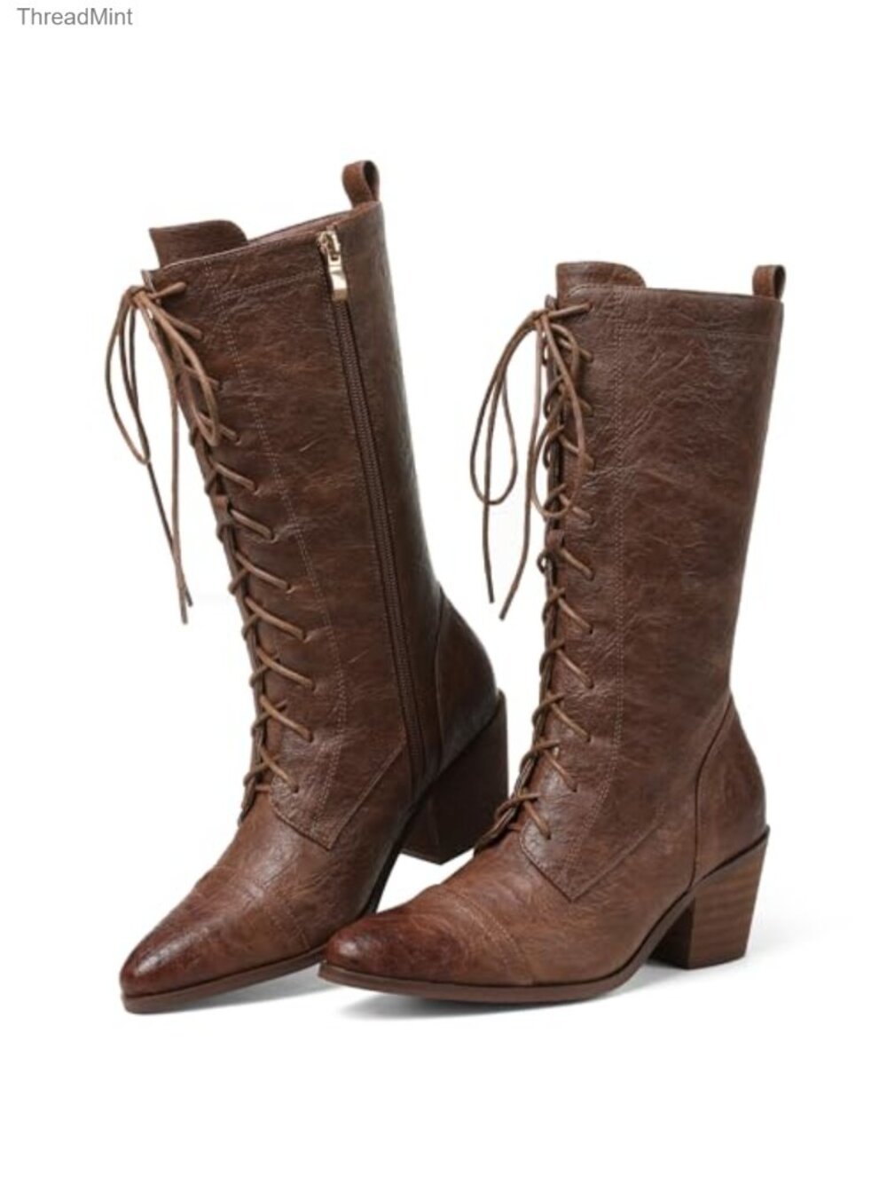 Women's Mid Calf Lace Up Combat Boots Chunky Heel Pointed Toe Vintage